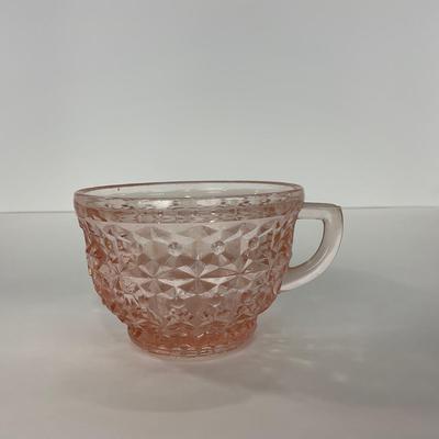 -209- GLASSWARE | Pink Holiday Buttons & Bows Jeanette Glass Co. | Cups & Saucers