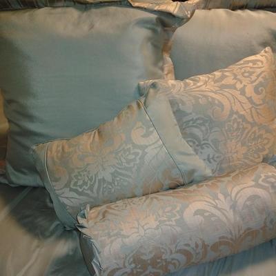 King sized Comforter, throw pillows, bed skirt, 4 valances, throw blanket and more