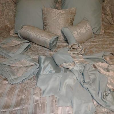 King sized Comforter, throw pillows, bed skirt, 4 valances, throw blanket and more