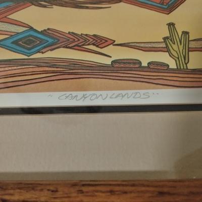 Framed Numbered and Signed "canyon lands" artwork with ceramic cactus