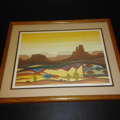 Framed Numbered and Signed "canyon lands" artwork with ceramic cactus