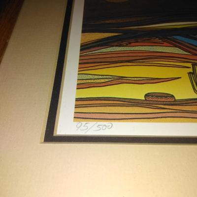 Framed Numbered and Signed "canyon lands" artwork with ceramic cactus