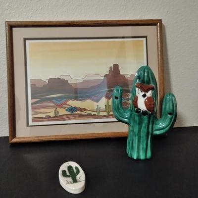 Framed Numbered and Signed "canyon lands" artwork with ceramic cactus