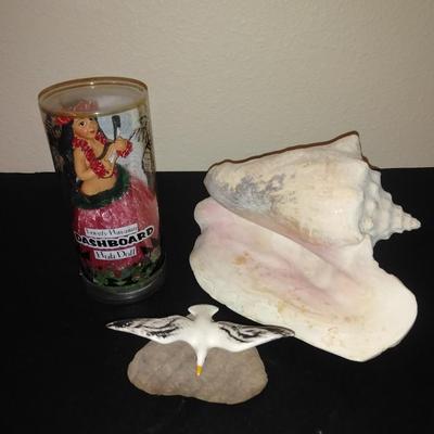 Hawaiian Dashboard Hula Doll Sweet KeAloha with large conch shell and seagull