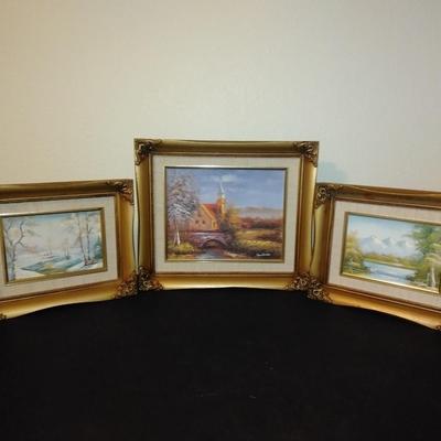 Three Gold framed original signed artwork Church and seasons