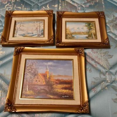Three Gold framed original signed artwork Church and seasons
