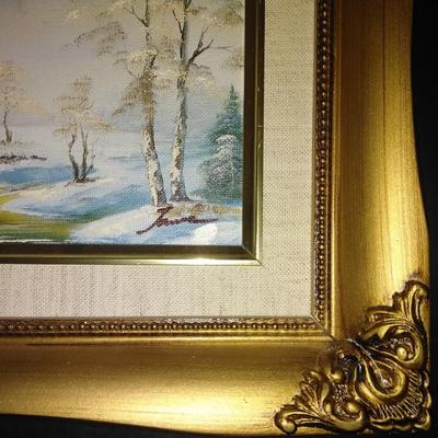Three Gold framed original signed artwork Church and seasons