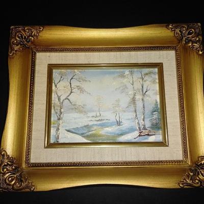 Three Gold framed original signed artwork Church and seasons