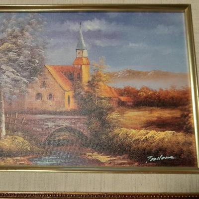 Three Gold framed original signed artwork Church and seasons