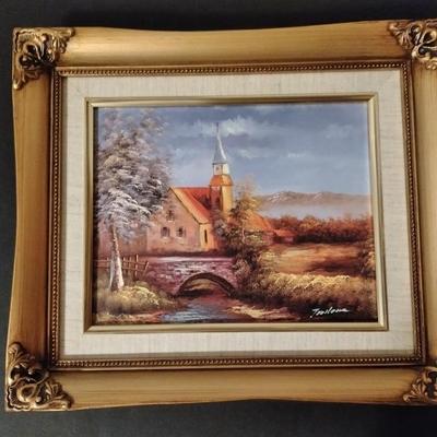 Three Gold framed original signed artwork Church and seasons