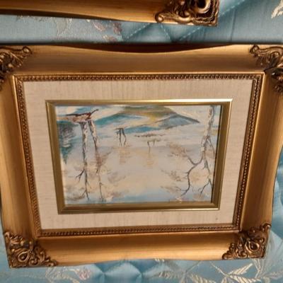 Three Gold framed original signed artwork Church and seasons