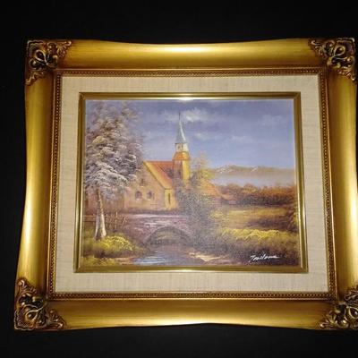 Three Gold framed original signed artwork Church and seasons