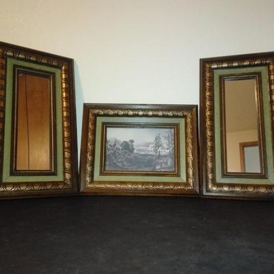 Three-piece matching wall hanging set, two side mirrors, and a center picture.