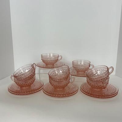 -216- GLASSWARE | Pink Hobnail Hocking Glass Co. | Cups & Saucers