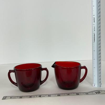 -217- GLASSWARE | Royal Ruby Anchor Hocking Glass Co. | Creamer, Sugar, & Covered Dish