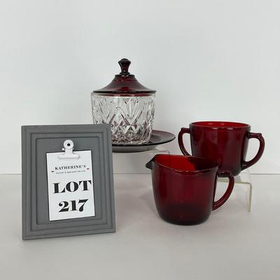 -217- GLASSWARE | Royal Ruby Anchor Hocking Glass Co. | Creamer, Sugar, & Covered Dish