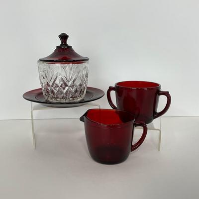 -217- GLASSWARE | Royal Ruby Anchor Hocking Glass Co. | Creamer, Sugar, & Covered Dish