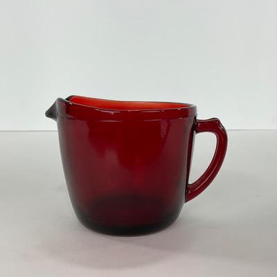 -217- GLASSWARE | Royal Ruby Anchor Hocking Glass Co. | Creamer, Sugar, & Covered Dish