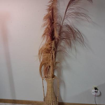 Vintage 1980's Wicker Amphora Floor Vase with dried Colored Pampas grass