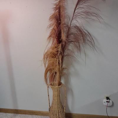 Vintage 1980's Wicker Amphora Floor Vase with dried Colored Pampas grass