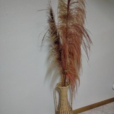 Vintage 1980's Wicker Amphora Floor Vase with dried Colored Pampas grass
