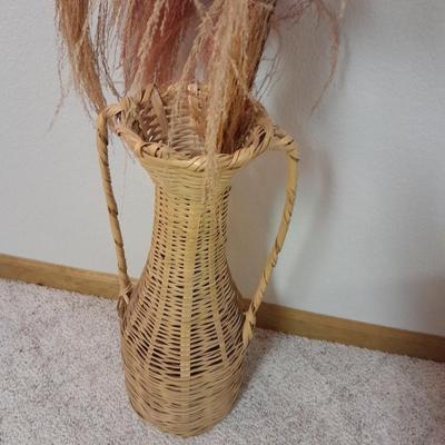 Vintage 1980's Wicker Amphora Floor Vase with dried Colored Pampas grass