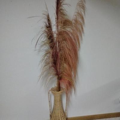 Vintage 1980's Wicker Amphora Floor Vase with dried Colored Pampas grass