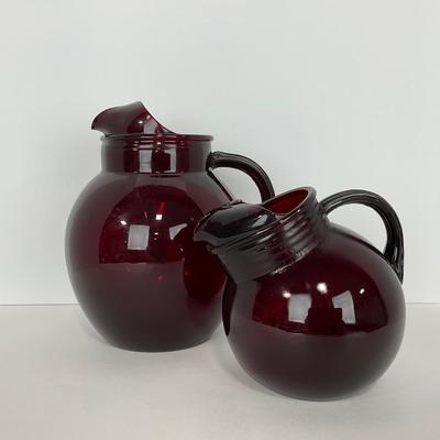 -219- GLASSWARE | Royal Ruby Anchor Hocking Glass Co. | Small & Large Tilted Ball Pitcher