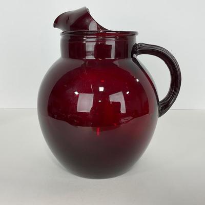 -219- GLASSWARE | Royal Ruby Anchor Hocking Glass Co. | Small & Large Tilted Ball Pitcher
