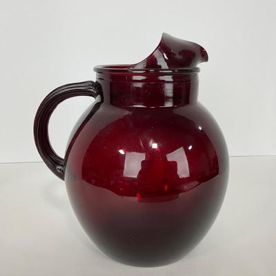-219- GLASSWARE | Royal Ruby Anchor Hocking Glass Co. | Small & Large Tilted Ball Pitcher