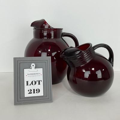 -219- GLASSWARE | Royal Ruby Anchor Hocking Glass Co. | Small & Large Tilted Ball Pitcher