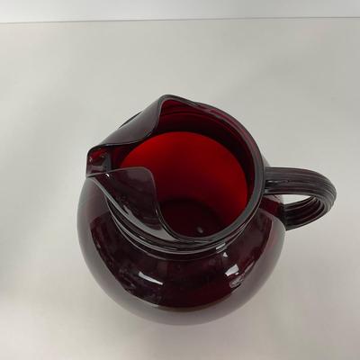 -219- GLASSWARE | Royal Ruby Anchor Hocking Glass Co. | Small & Large Tilted Ball Pitcher