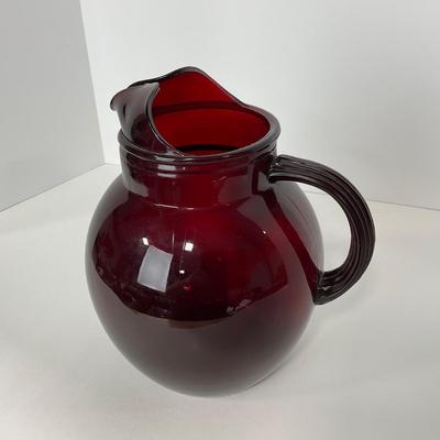 -219- GLASSWARE | Royal Ruby Anchor Hocking Glass Co. | Small & Large Tilted Ball Pitcher