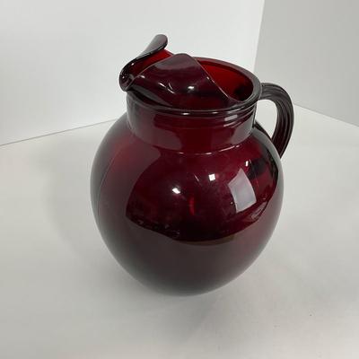 -219- GLASSWARE | Royal Ruby Anchor Hocking Glass Co. | Small & Large Tilted Ball Pitcher