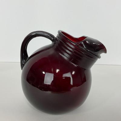 -219- GLASSWARE | Royal Ruby Anchor Hocking Glass Co. | Small & Large Tilted Ball Pitcher