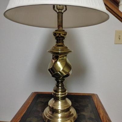 End Table with inlayed woven design under glass top and Brass Decorative table Lamp