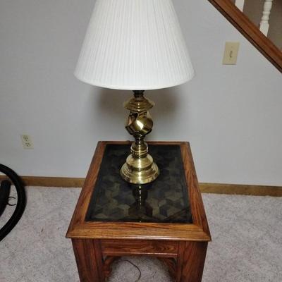 End Table with inlayed woven design under glass top and Brass Decorative table Lamp