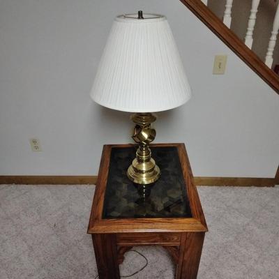 End Table with inlayed woven design under glass top and Brass Decorative table Lamp