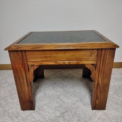 End Table with inlayed woven design under glass top and Brass Decorative table Lamp