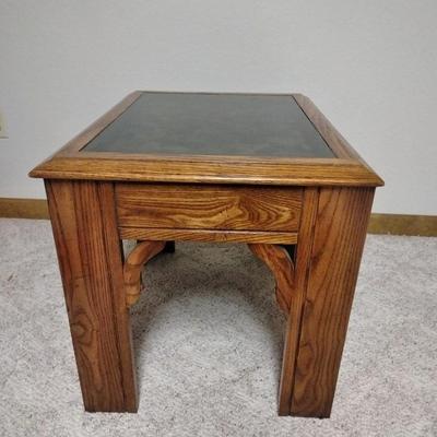 End Table with inlayed woven design under glass top and Brass Decorative table Lamp