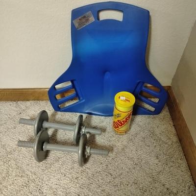Abdomenizer, the intelligent sit-up with two 25ln weights, and a new container of tennis balls