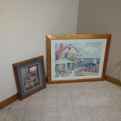 Two framed wall art pictures Country Garden cottage and an old chair in the garden
