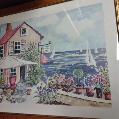 Two framed wall art pictures Country Garden cottage and an old chair in the garden