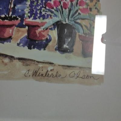 Two framed wall art pictures Country Garden cottage and an old chair in the garden