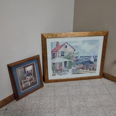 Two framed wall art pictures Country Garden cottage and an old chair in the garden