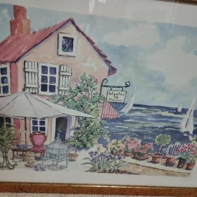 Two framed wall art pictures Country Garden cottage and an old chair in the garden