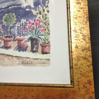 Two framed wall art pictures Country Garden cottage and an old chair in the garden