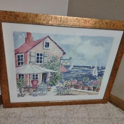 Two framed wall art pictures Country Garden cottage and an old chair in the garden