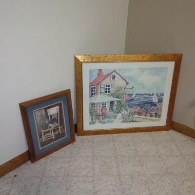 Two framed wall art pictures Country Garden cottage and an old chair in the garden