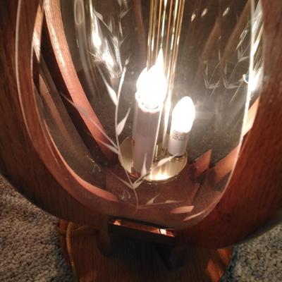 3 way decorative glass paned Oak and brass table lamp with lamp shade